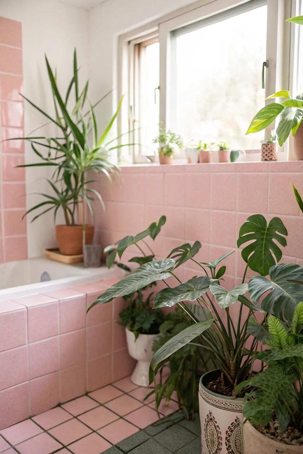 Rose and verdant create a harmonious restroom area.