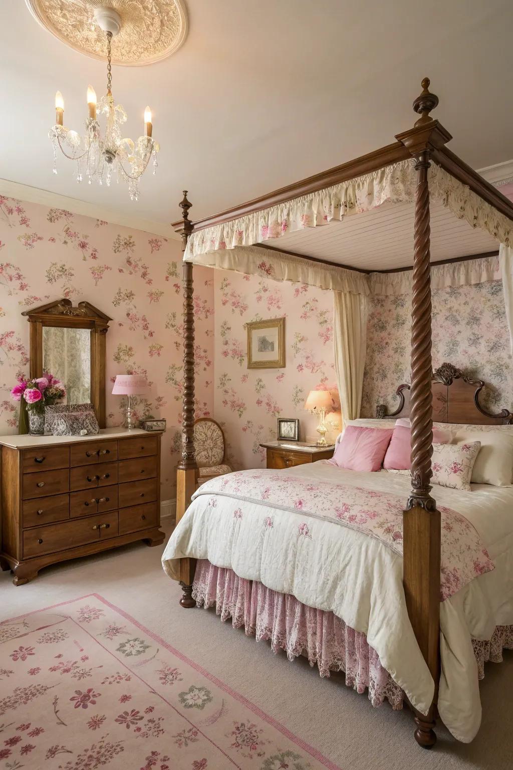 Botanical rose wallpaper engenders a romantic vibe within this vintage-inspired sleeping quarter.
