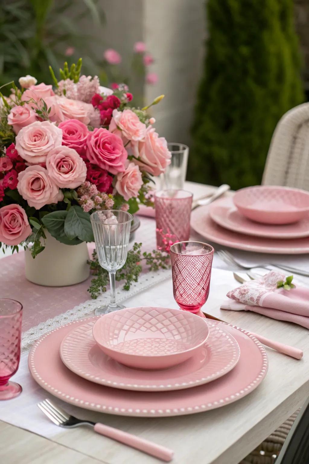 A delightful pink table ensemble, perfect for holiday celebrations.