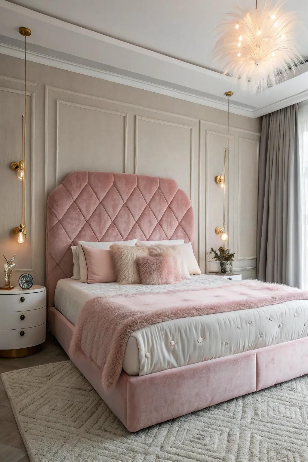 A fun and cozy bedroom featuring a pink faux fur headboard.
