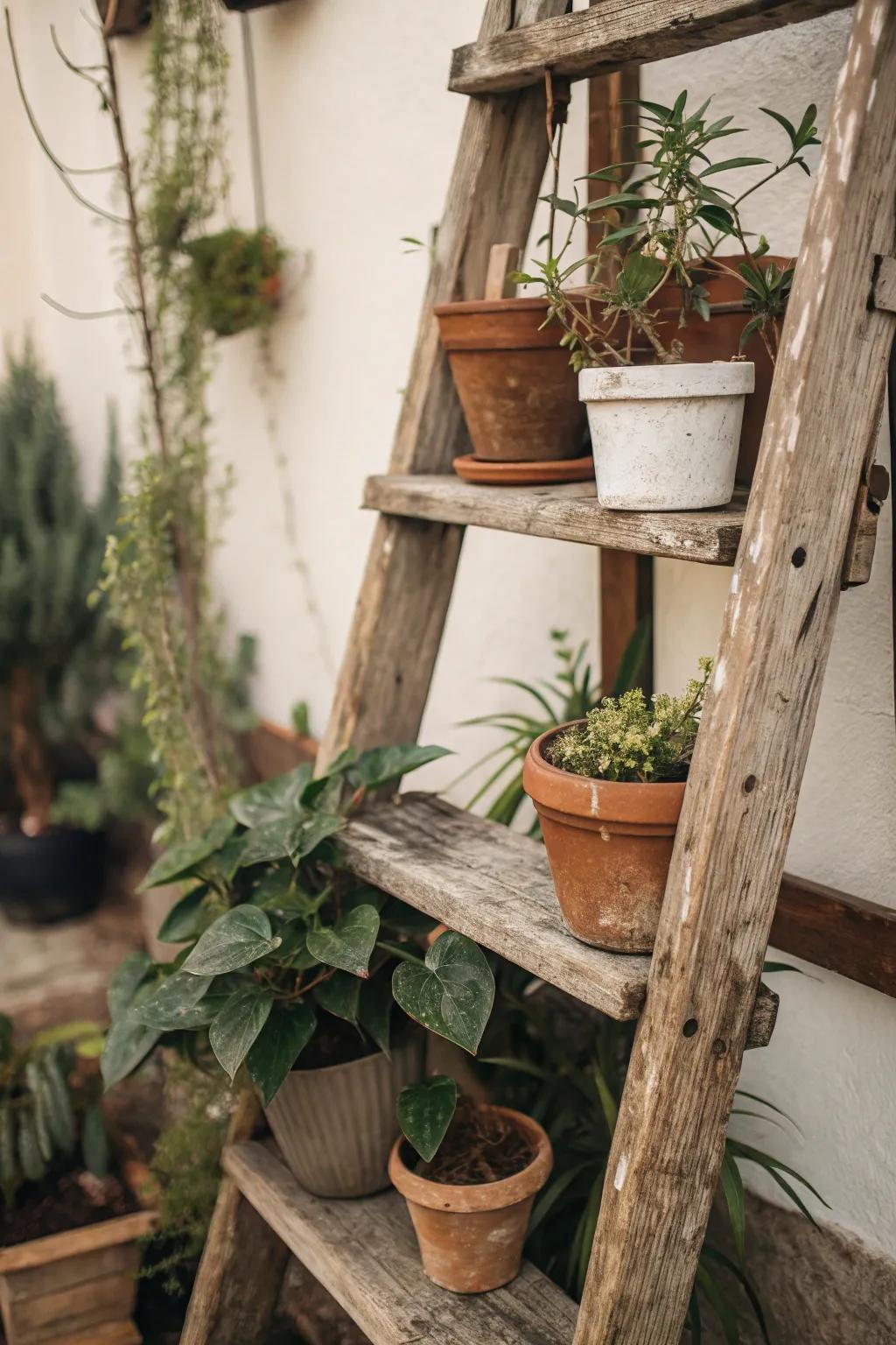 Traditional charm with a ladder plant shelf.