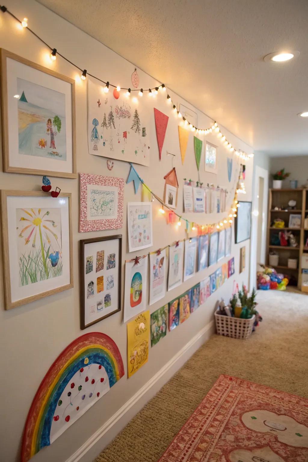 Children&rsquo;s art beautifully exhibited on a playroom wall, contributing a personalized touch.