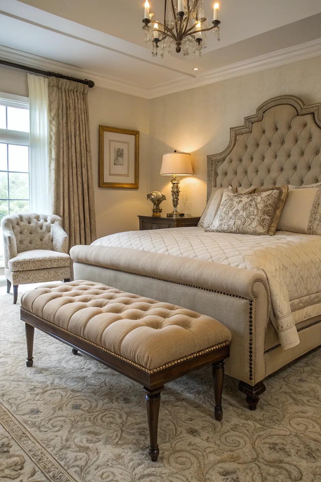 Refined furnishings elevate the elegance of a luxurious bedroom.