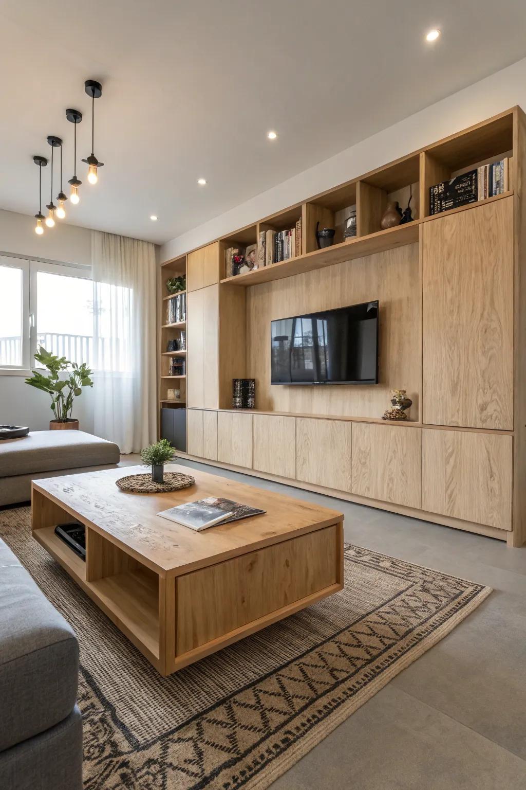 Plywood furniture helps to create a luxurious look in this living room.
