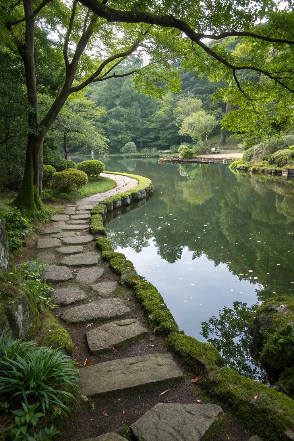 Stone walkways invite exploration around this peaceful pond.
