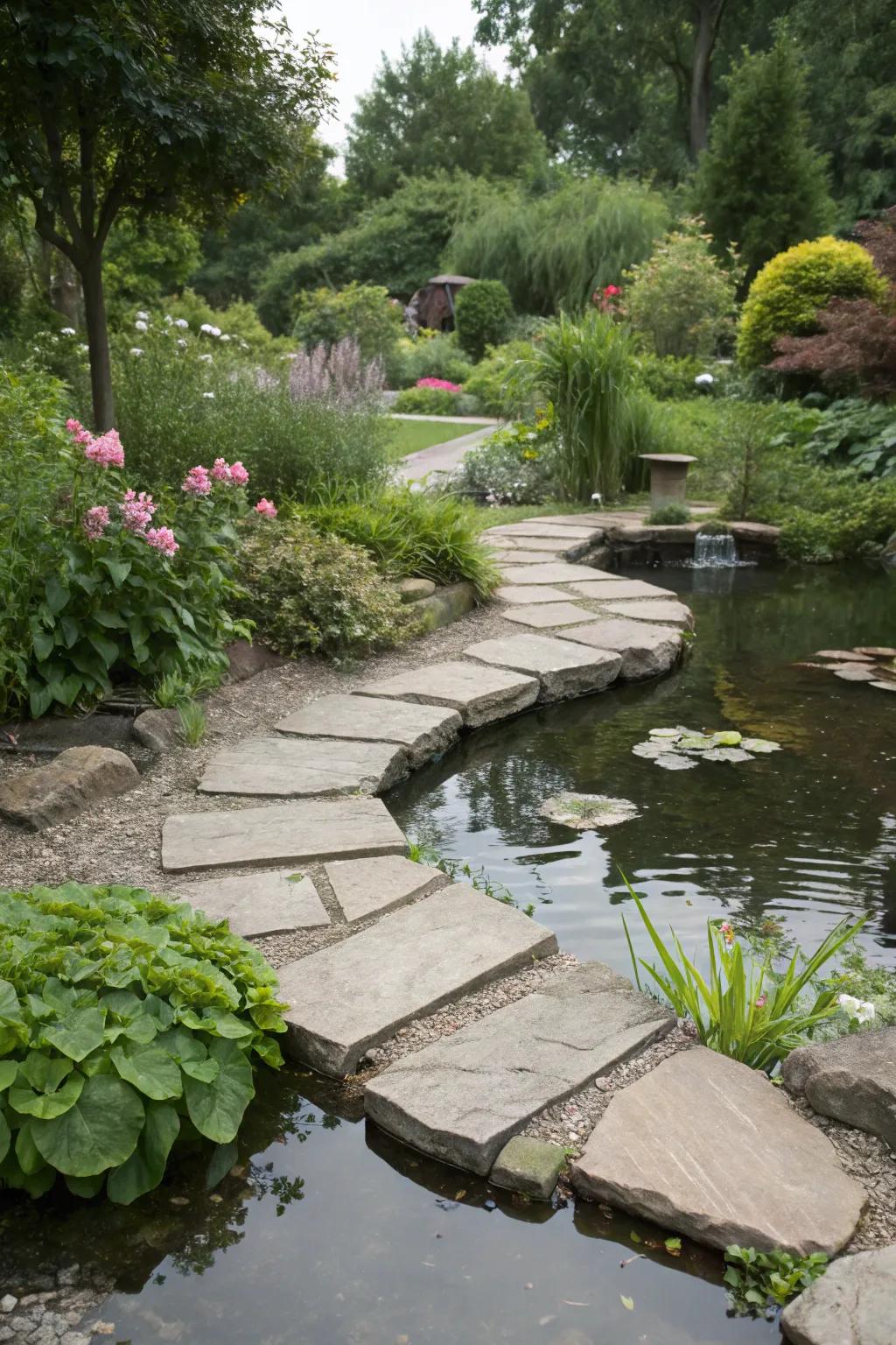 Stone trails guide to a captivating backyard pond.