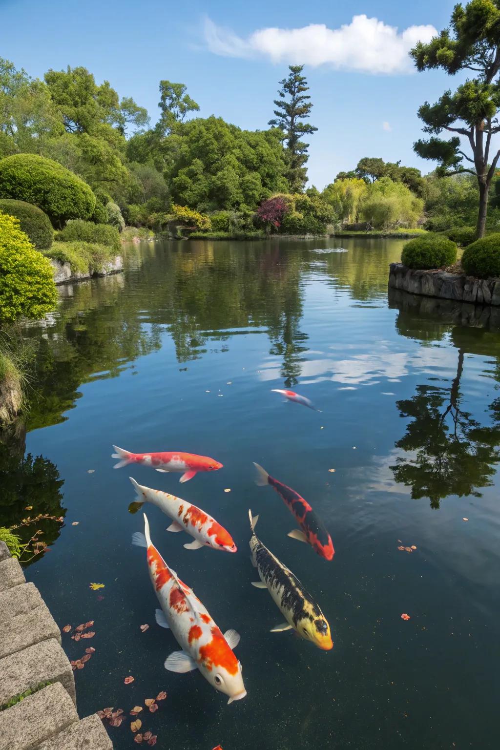 Bright fancy carp bringing vibrancy to a serene pond.
