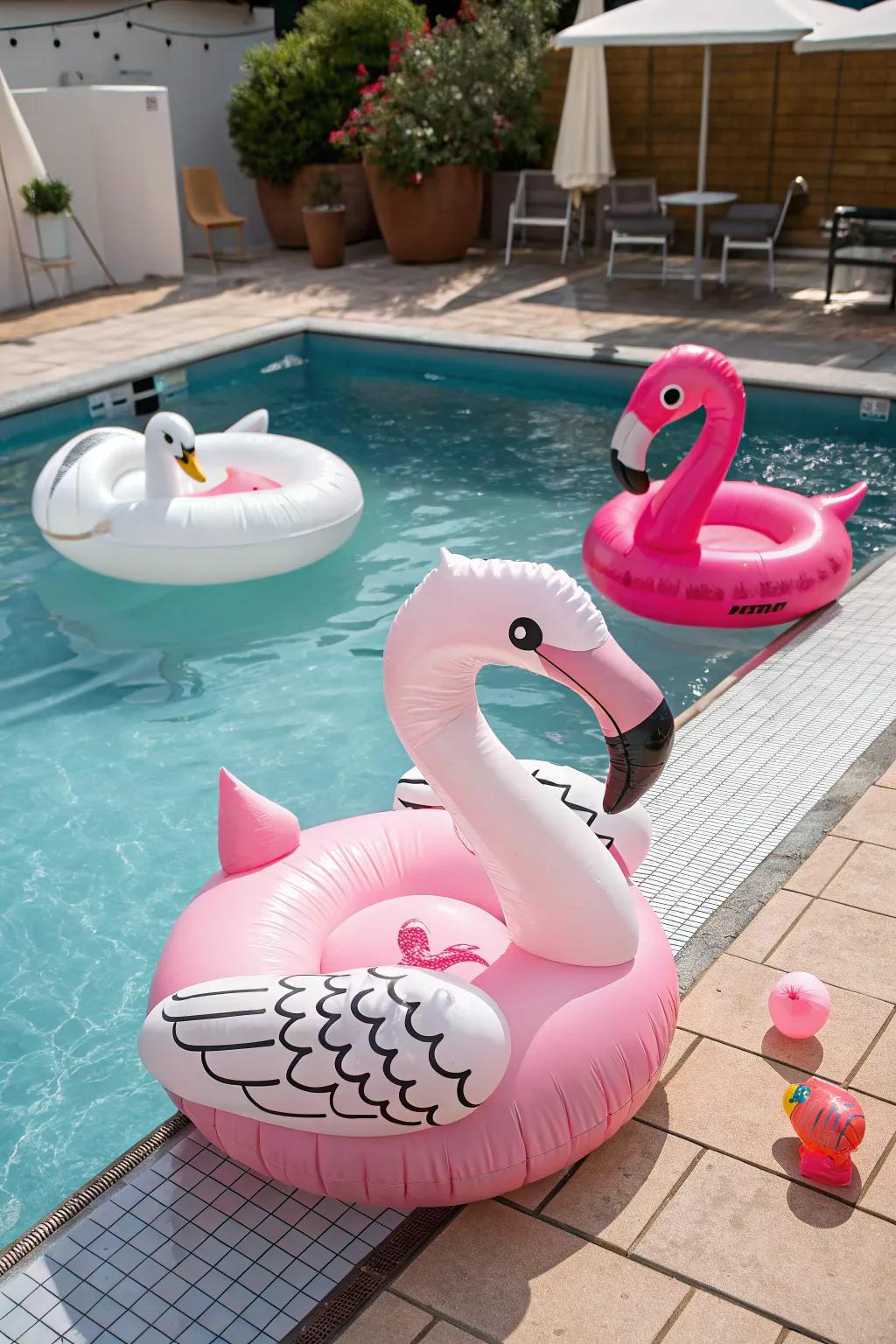 Inflatables contribute a spirited element to pool festivities.