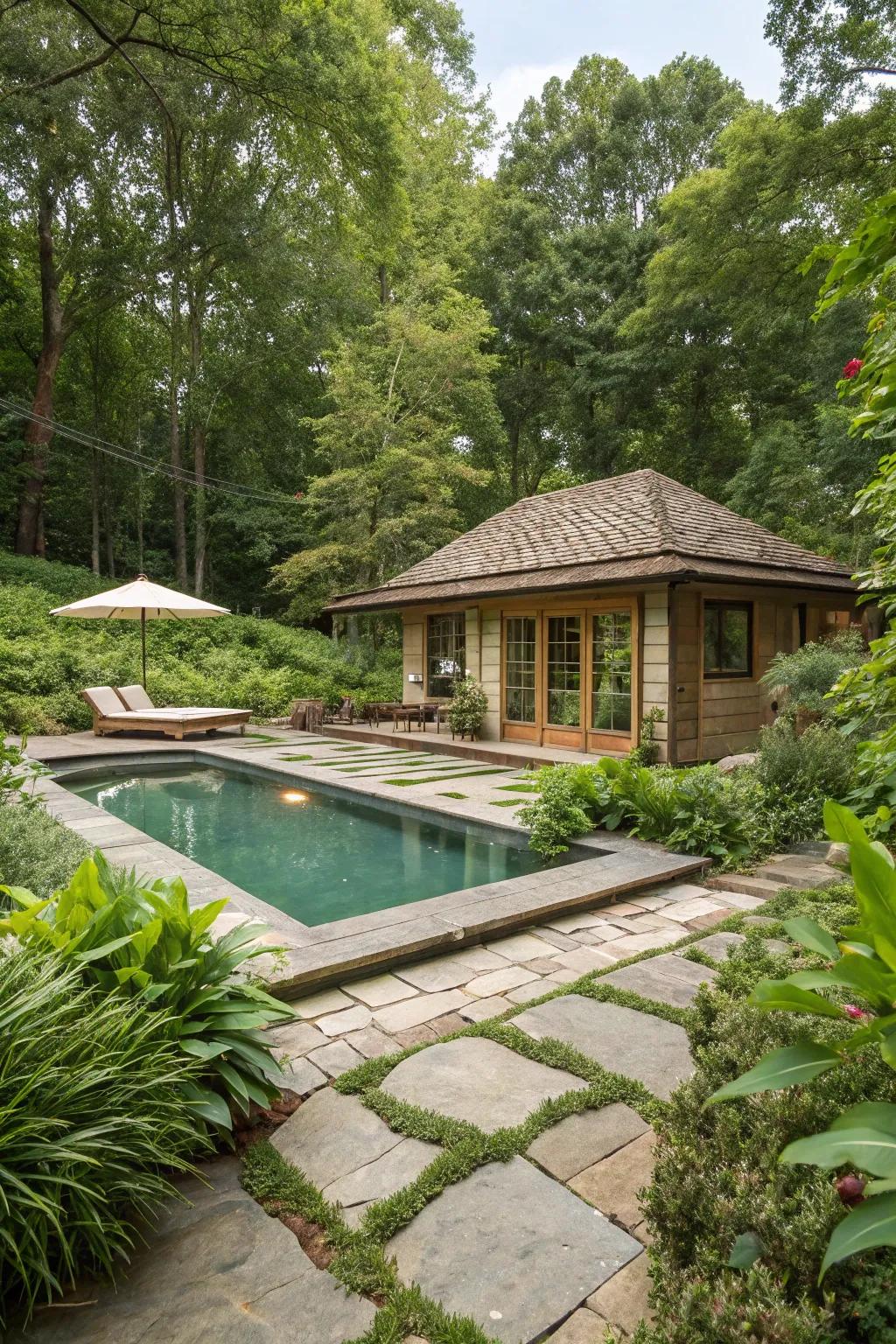 A pool house beautifully interconnected with verdant foliage.