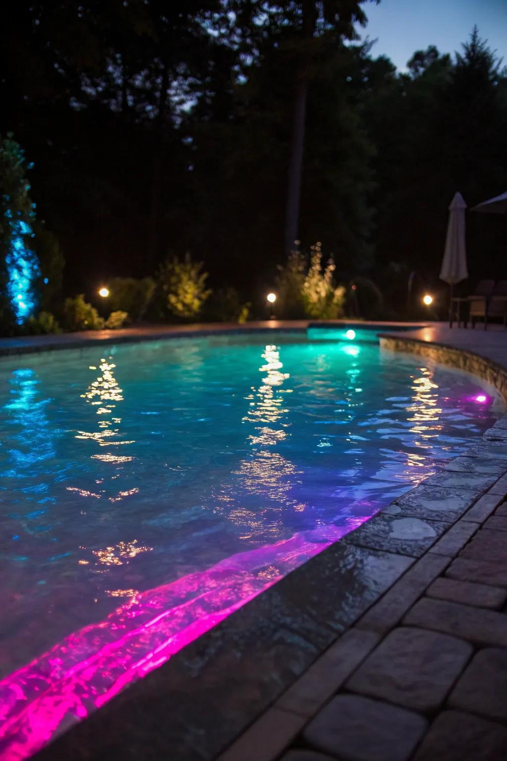 A pool aglow with vibrant LED lights, perfect for a magical twilight swim.