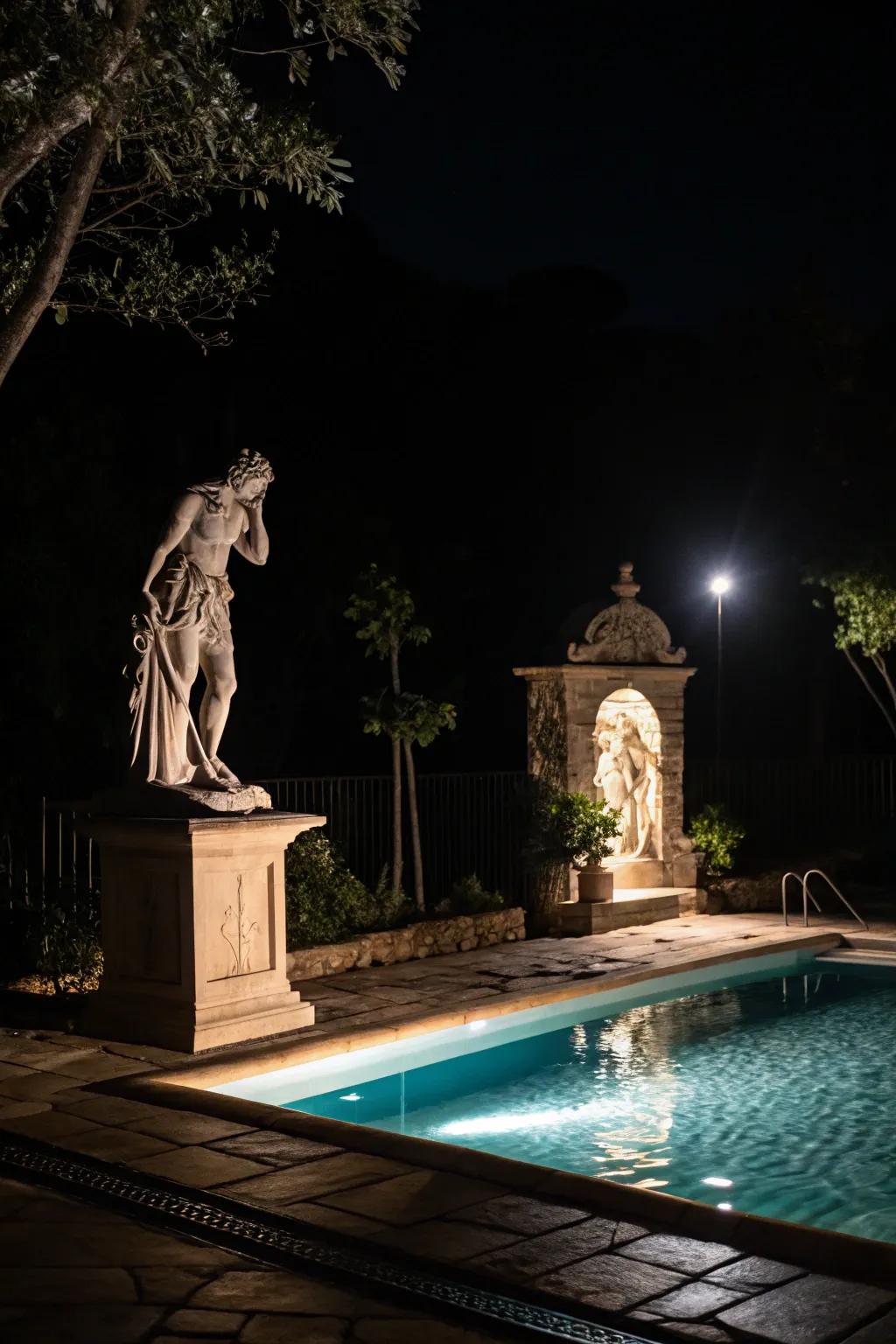 Spotlights turn features into nighttime art.