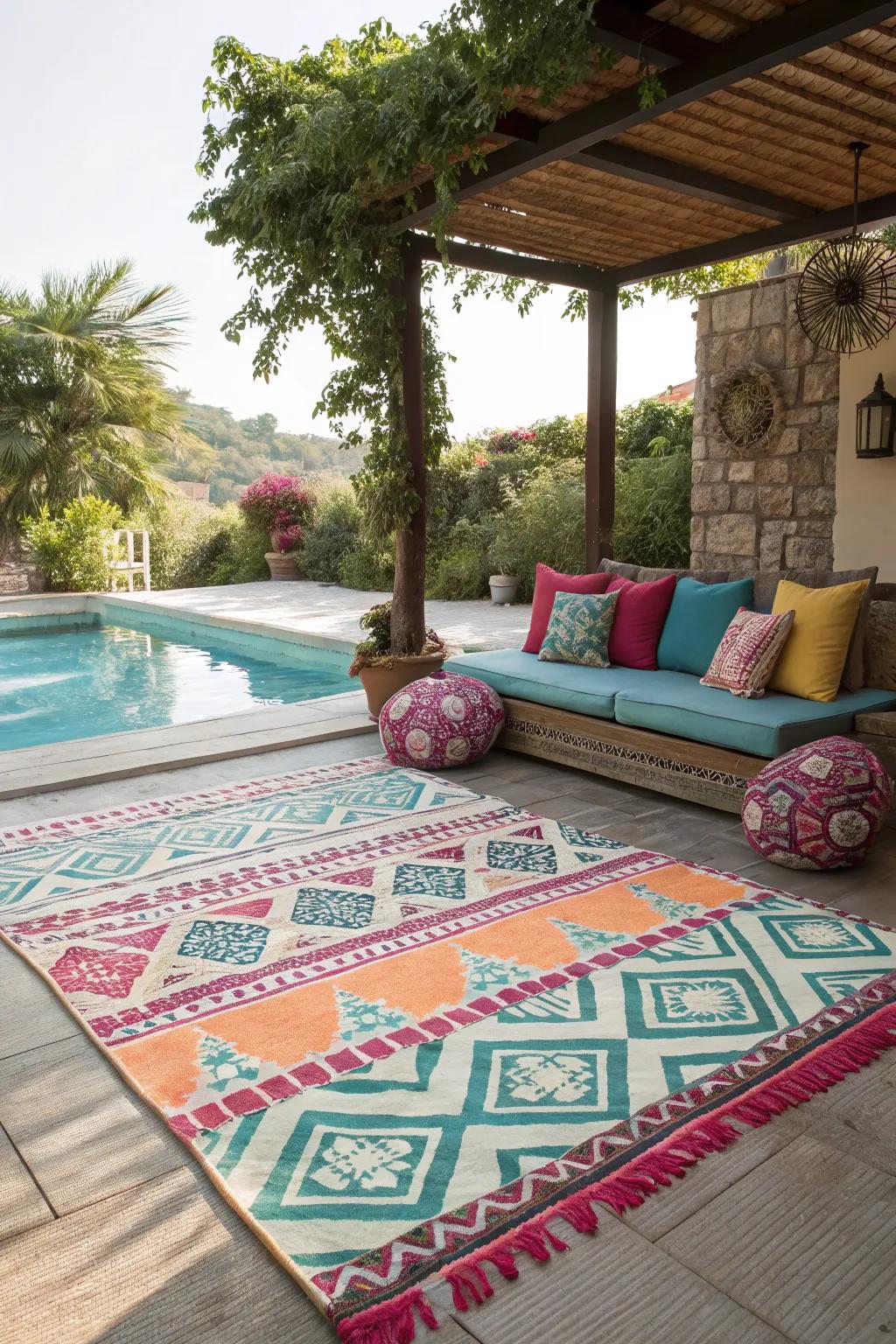 Add an eye-catching outdoor carpet to your pool area for style.