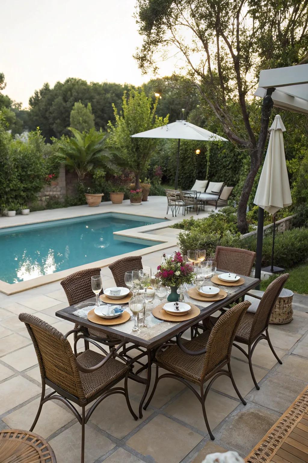 The ideal setting for summer evenings is an outdoor dining space by the pool.