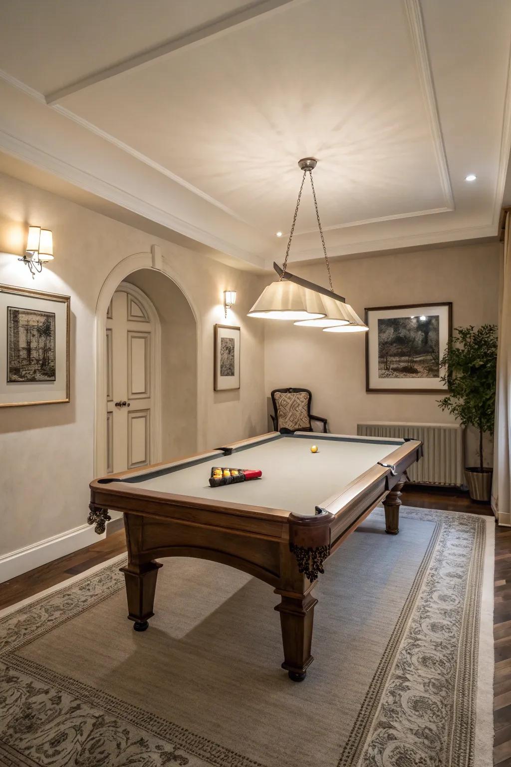 Neutral colors provide a small pool table room with an airy and spacious appeal.