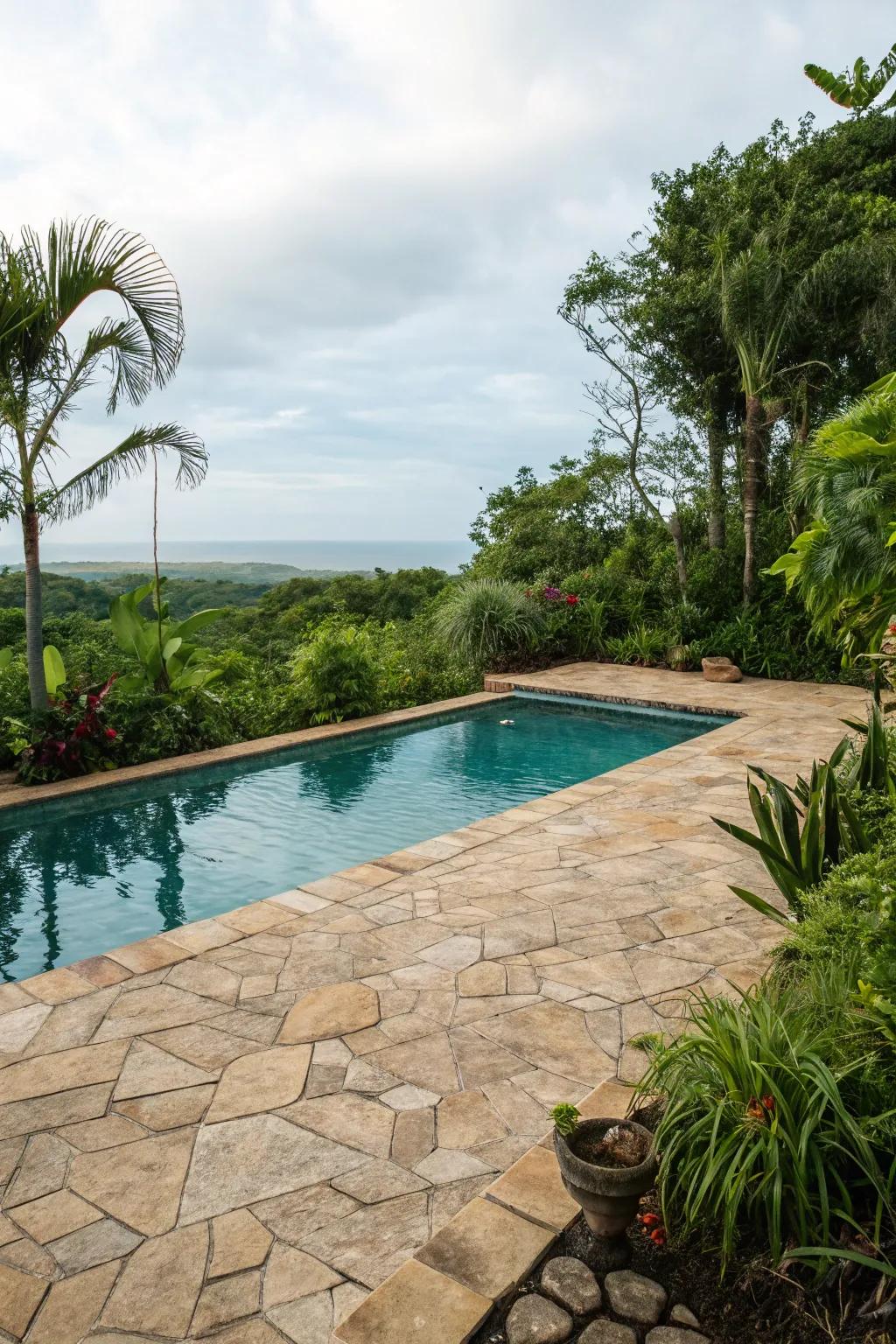 Natural stone-like tiles create a seamless blend with the surrounding landscape.