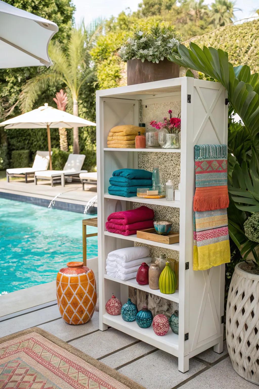 Open shelving displaying towels with an ornamental addition.