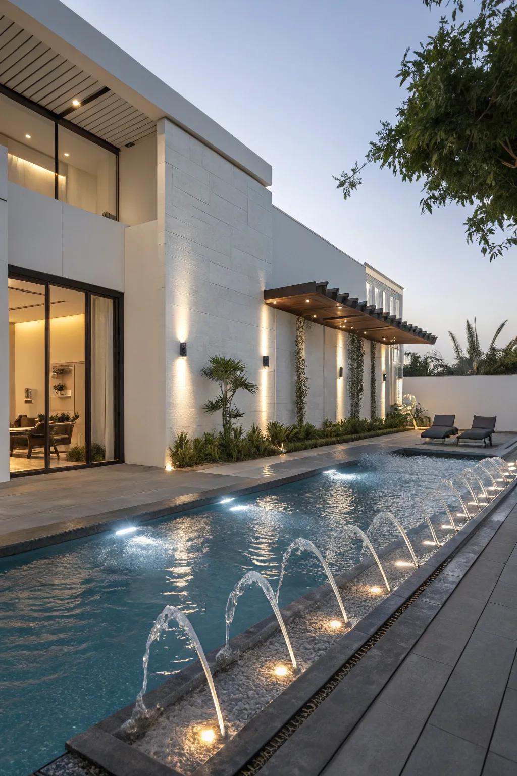 Modern water spouts deliver a refined and illuminated pool experience.