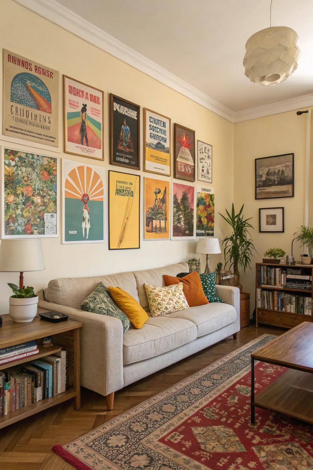 A living room with posters perfectly matching the room's color palette.