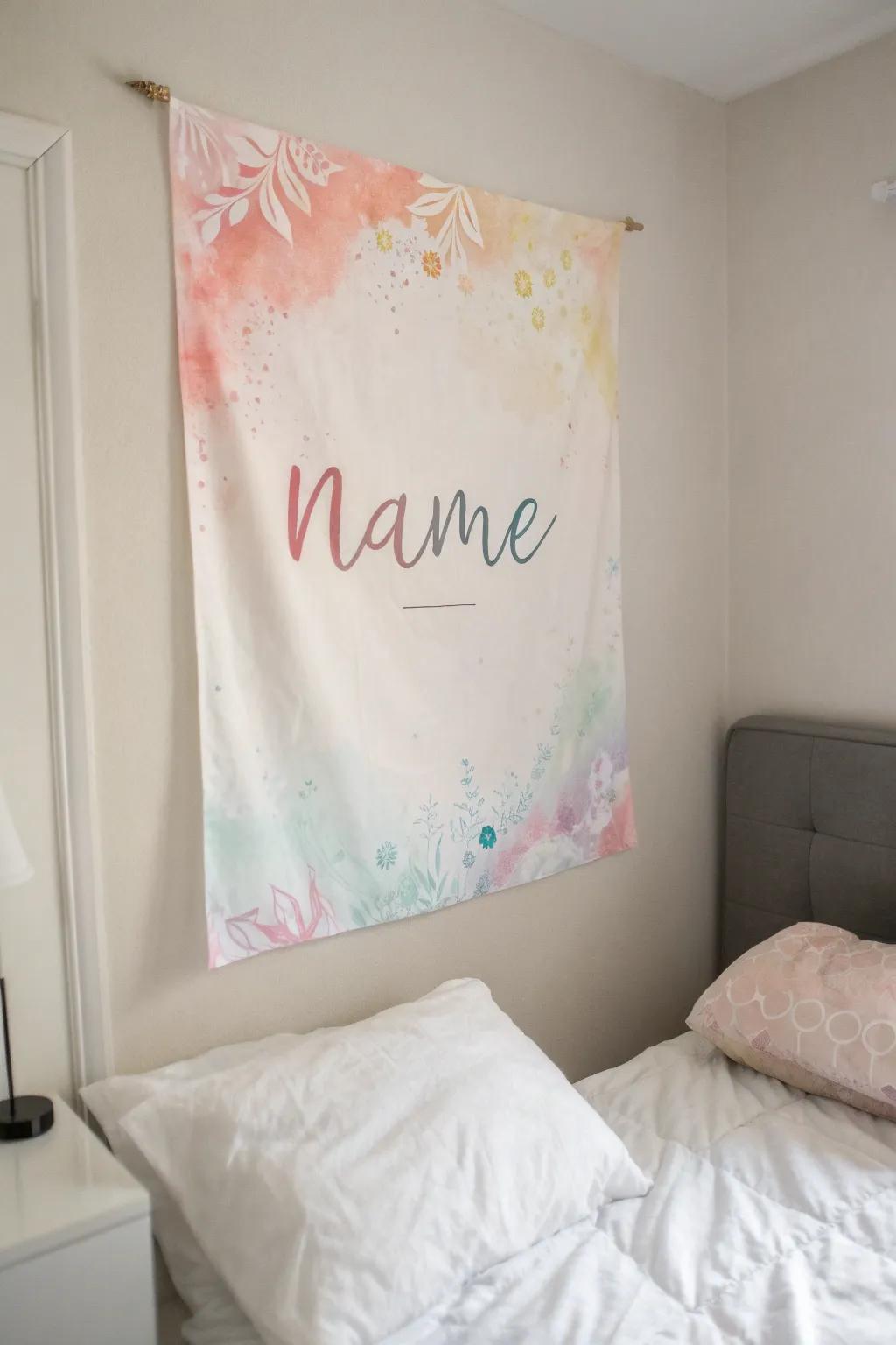 An enchanting watercolor name poster bringing tranquility to a bedroom.