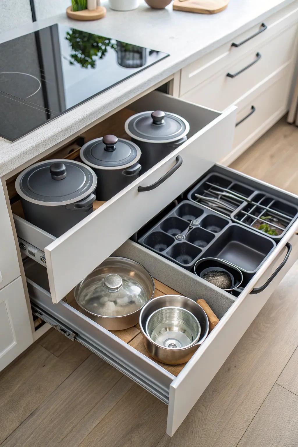 Customizable fittings inside deep drawers keep cookware neatly arranged.