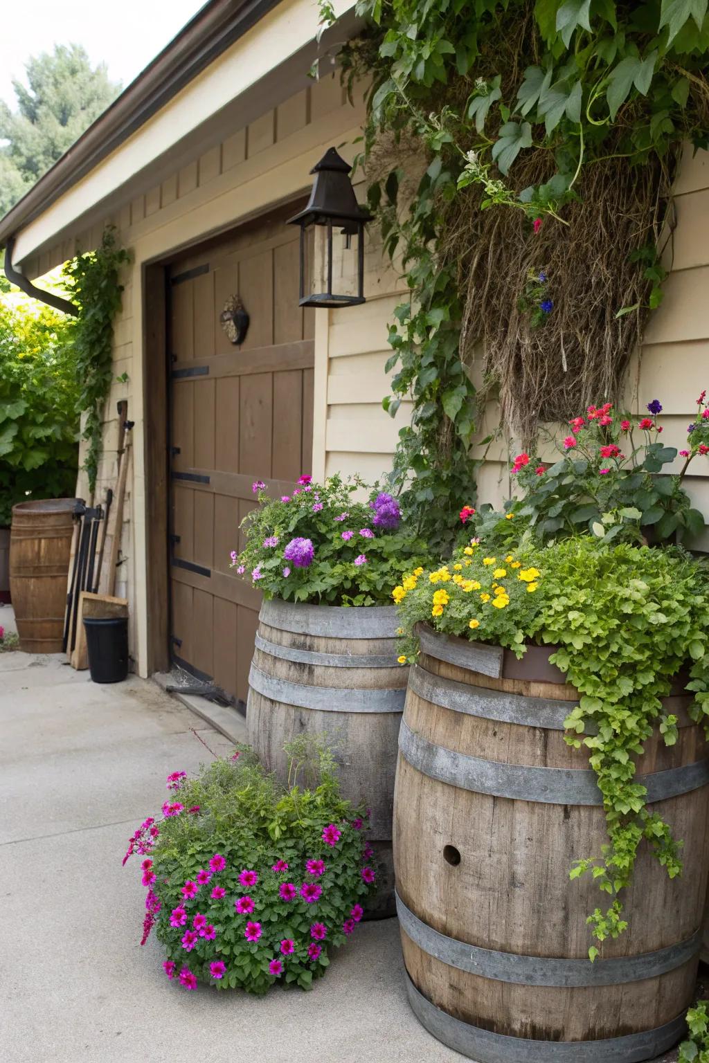 Earthy barrel planters adding heart and soul to the garage space.