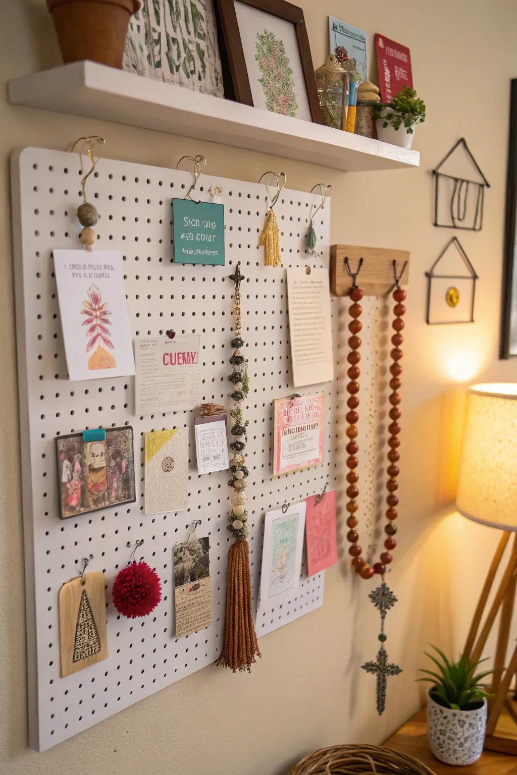 A pegboard prayer space showcasing organized reflective notes and decor.