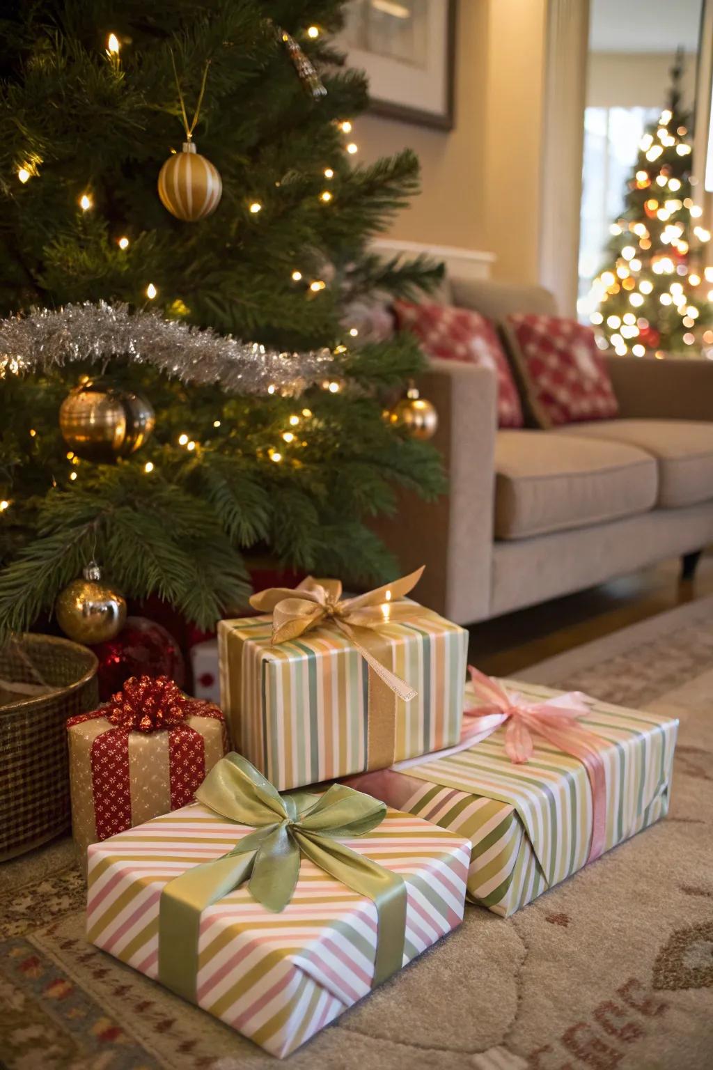 Beautifully wrapped gifts add a layer of excitement beneath the tree.