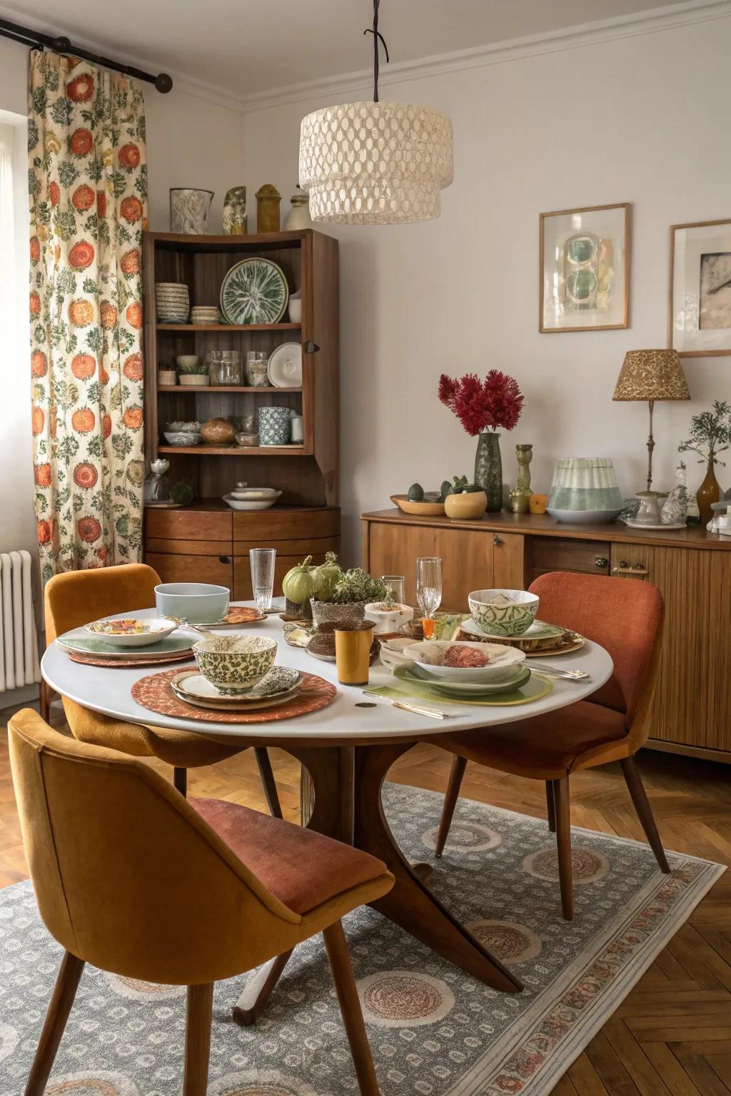A dining space styled with retro ornaments, showcasing vintage dinnerware and dishes reminiscent of the 60s and 70s.
