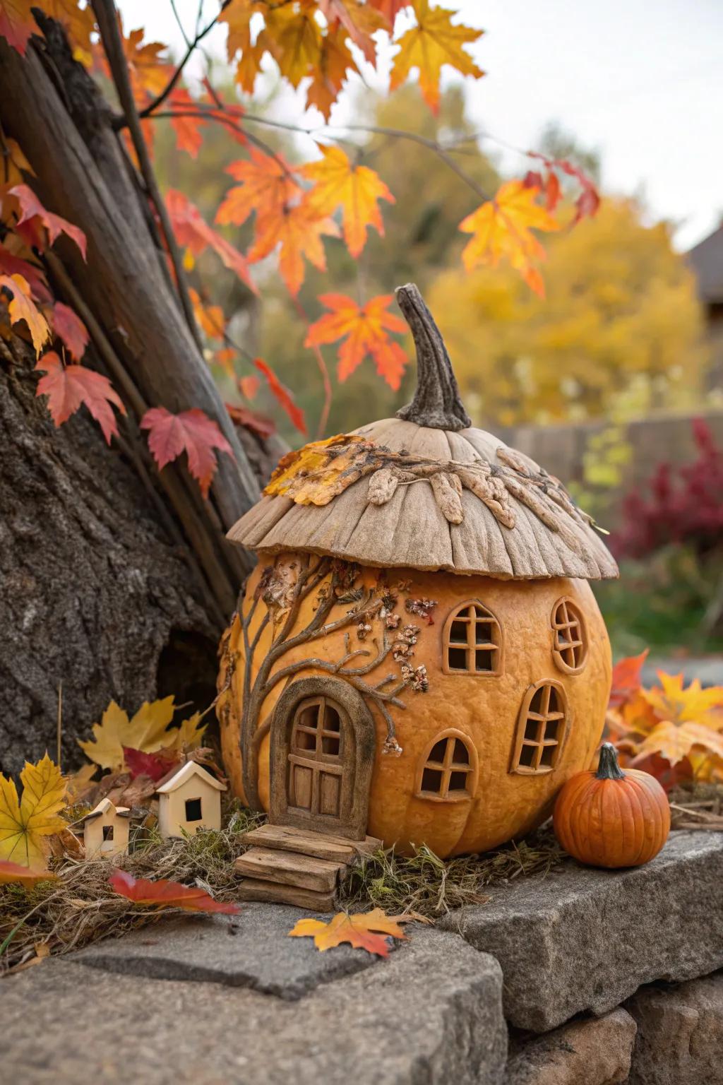 A delightful mini pumpkin cottage perfect for fairy-tale decor.