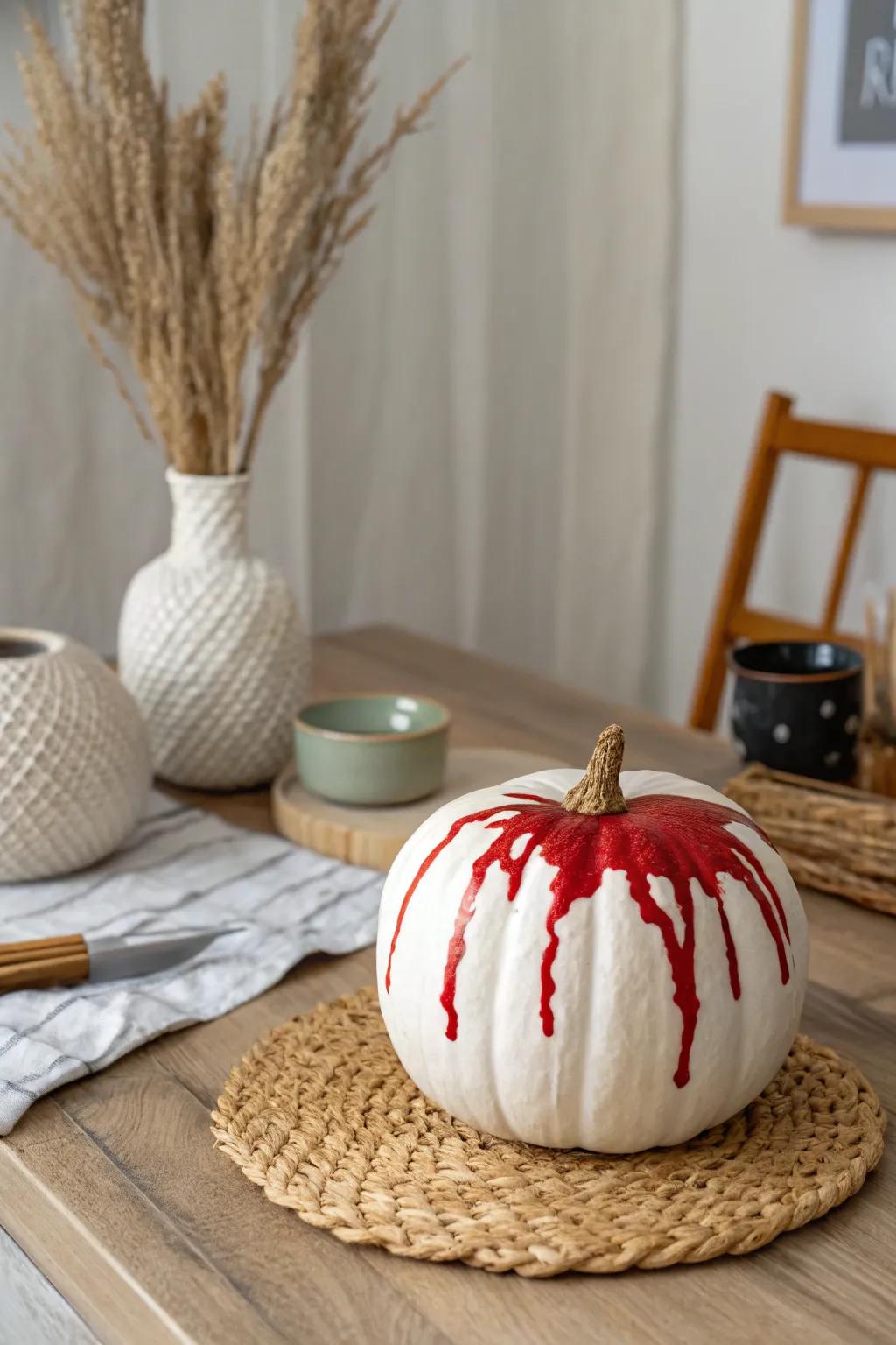 Transform your pumpkin into a spooky masterpiece with this straightforward yet striking blood drip design.