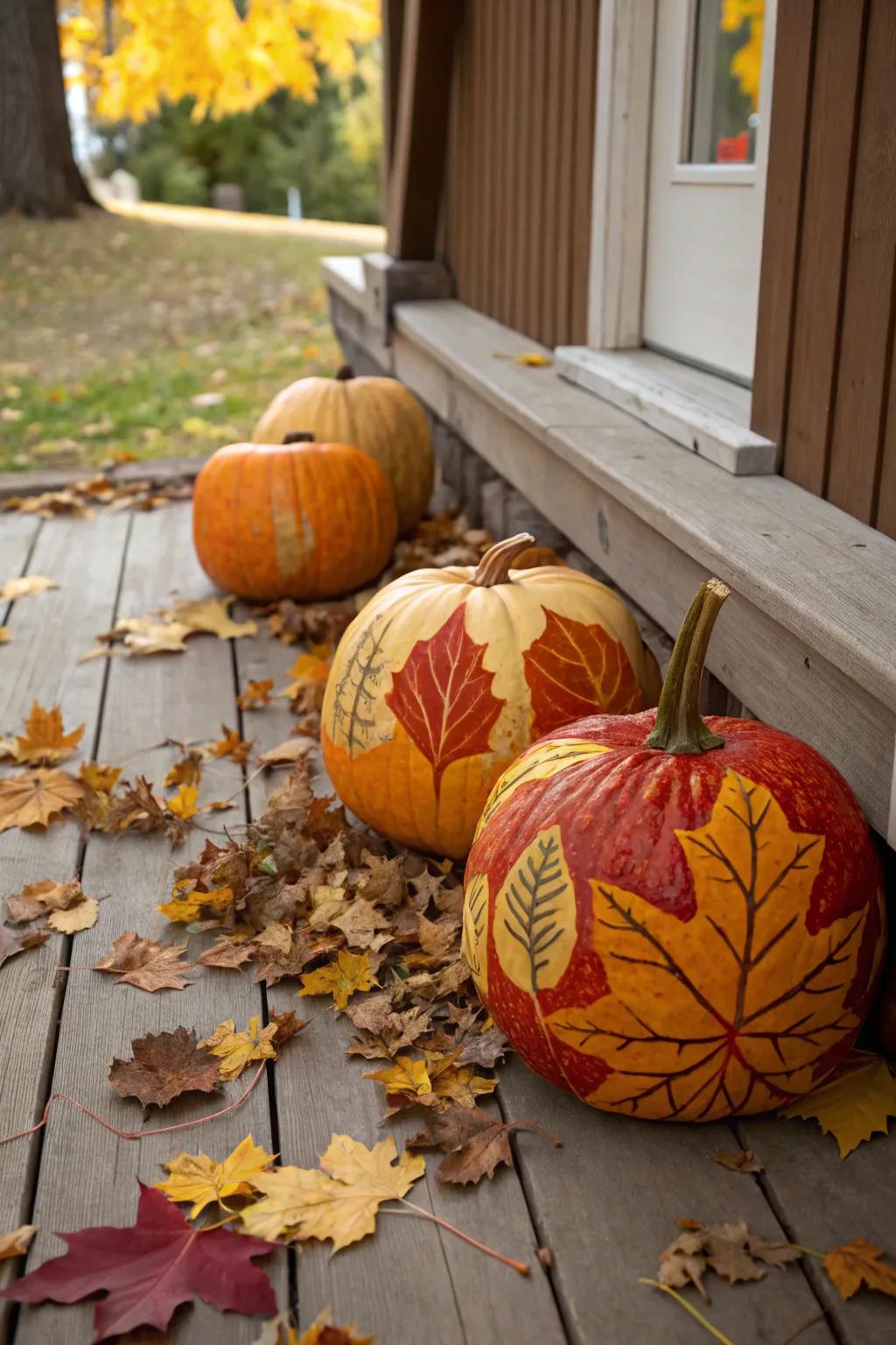 Celebrate autumn by adorning pumpkins with leaf patterns inspired by nature.