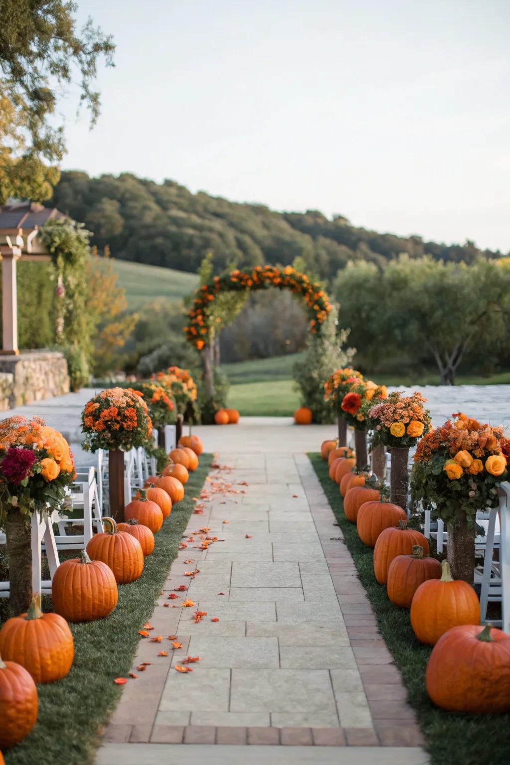 A wedding path beautifully adorned with gourds and blossoms.