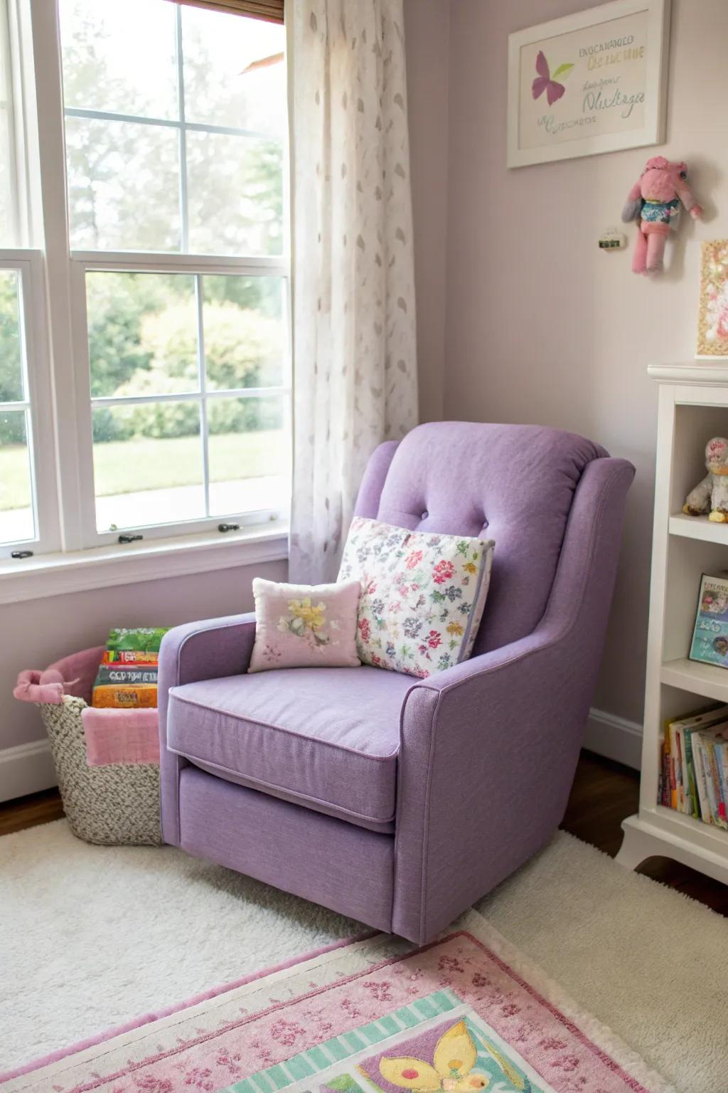 A comfy purple glider adds comfort and style.