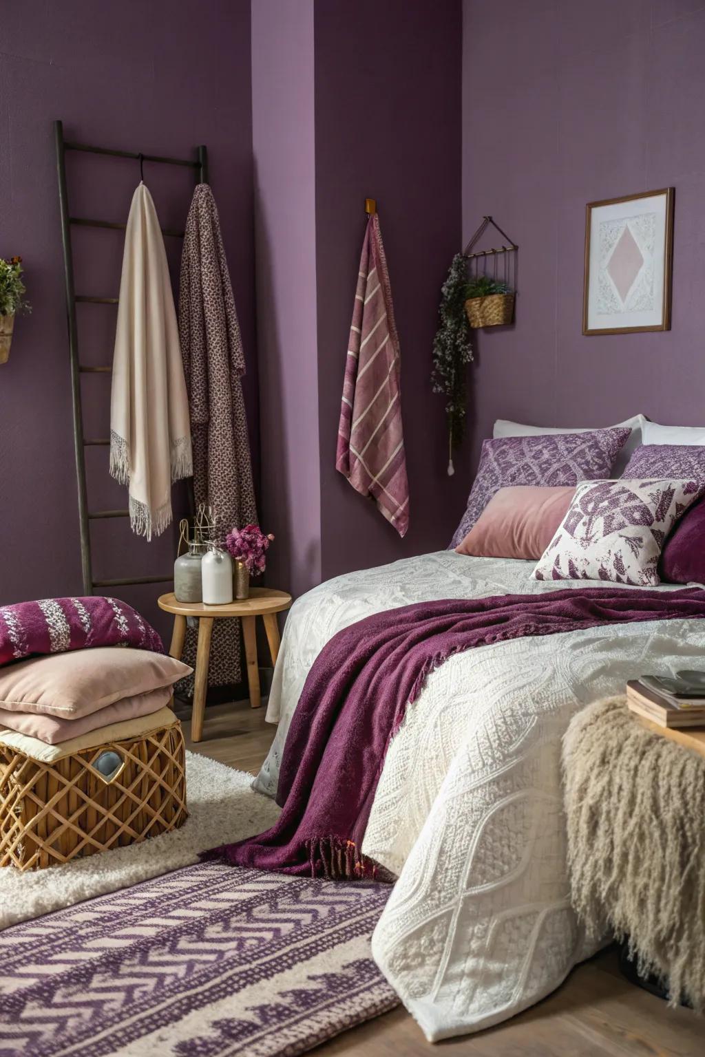 Rich fabrics providing dimension to a purple-themed bedroom.