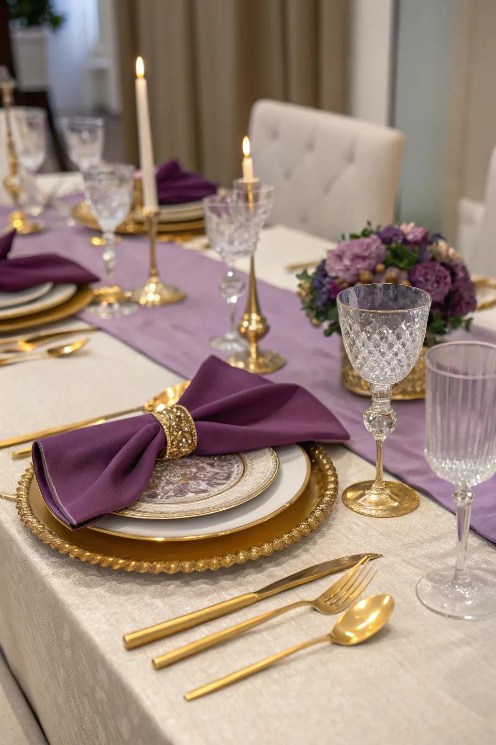 Violet and gold table settings radiate refinement and opulence.