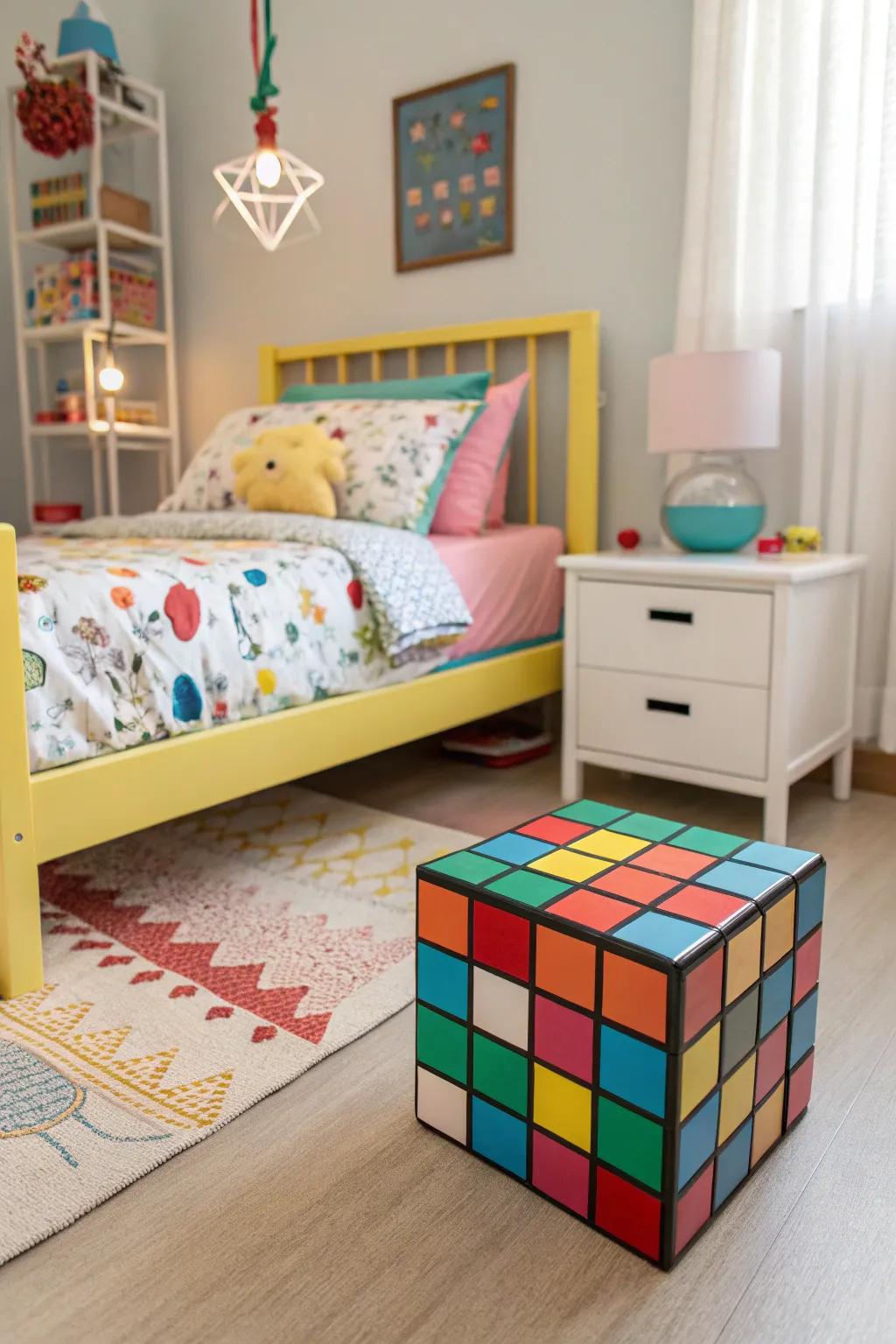 A bedroom highlighting unique furniture such as a vibrant bedframe.