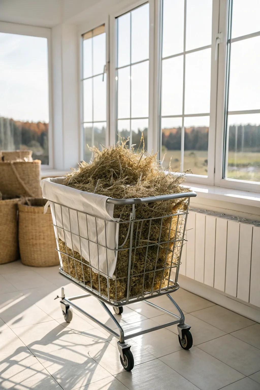 A mobile laundry bin delivers handy hay storage.