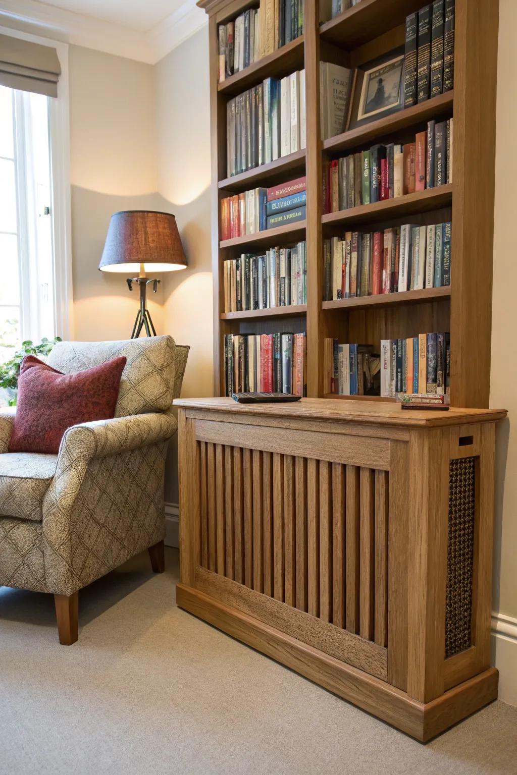 A timber radiator enclosure enriches a reading area with a warm, natural impression.
