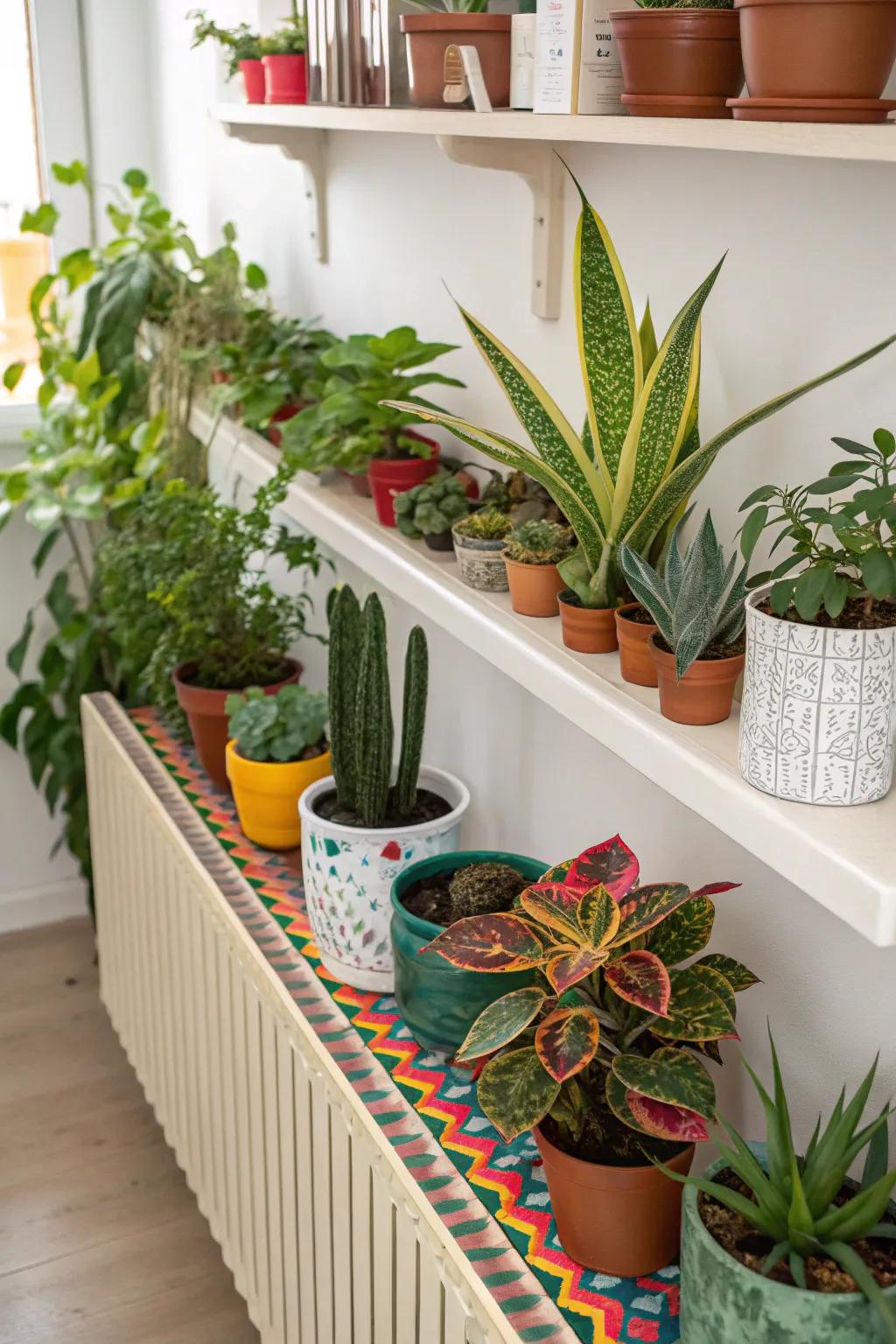A verdant array on your radiator shelf rejuvenates any room with vitality and vibrant hues.