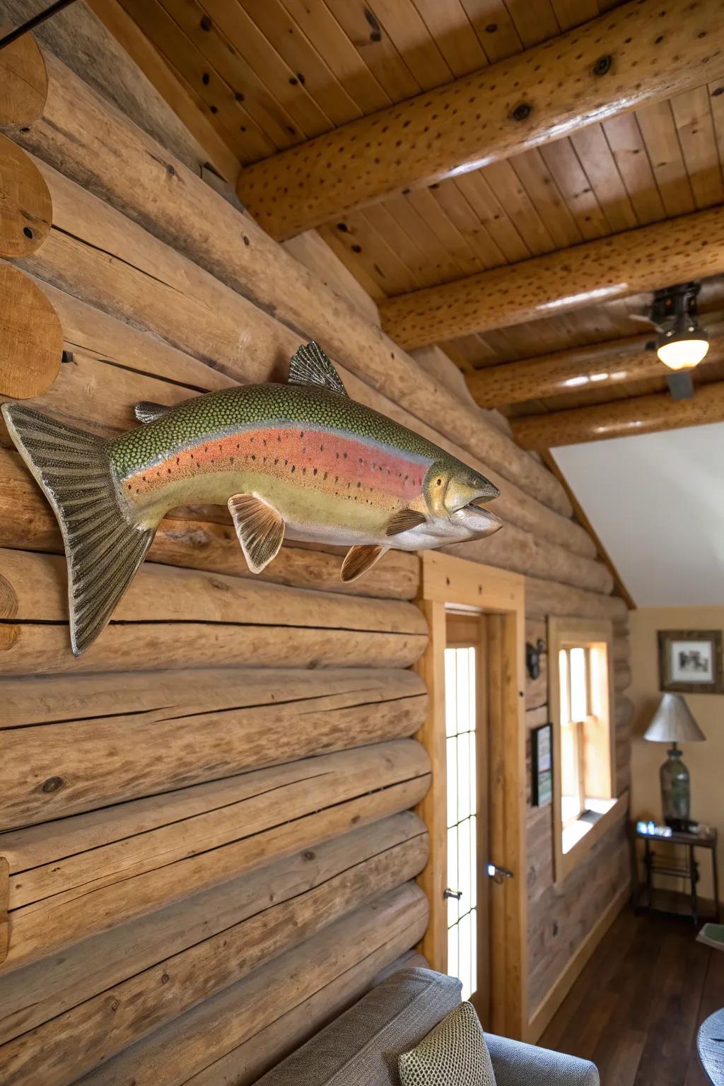 A country-style wall mount for a rainbow trout brings a cozy, lodge-like charm.