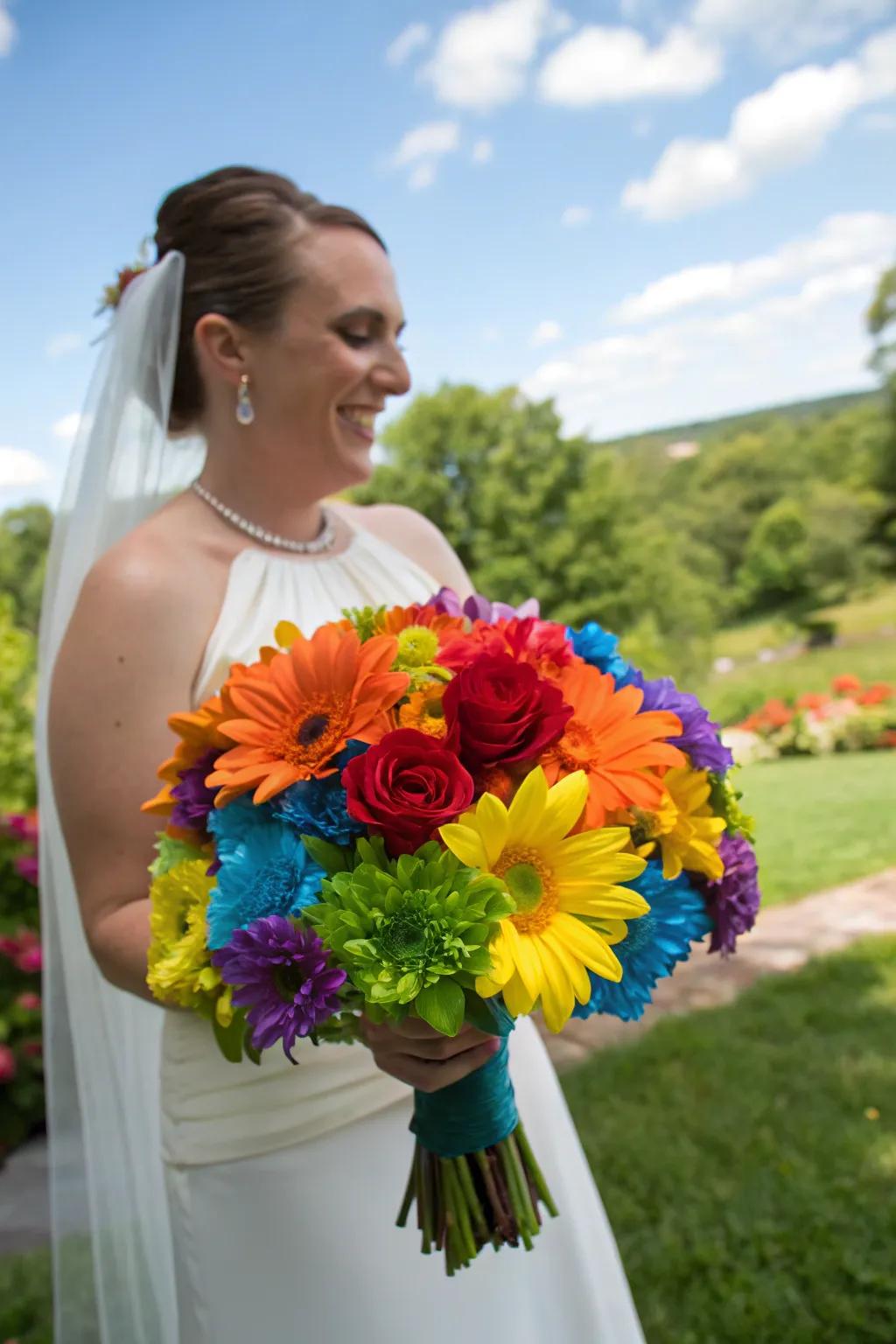 The bride glows, clutching a hand-dyed rainbow bouquet, the epitome of color and joy.