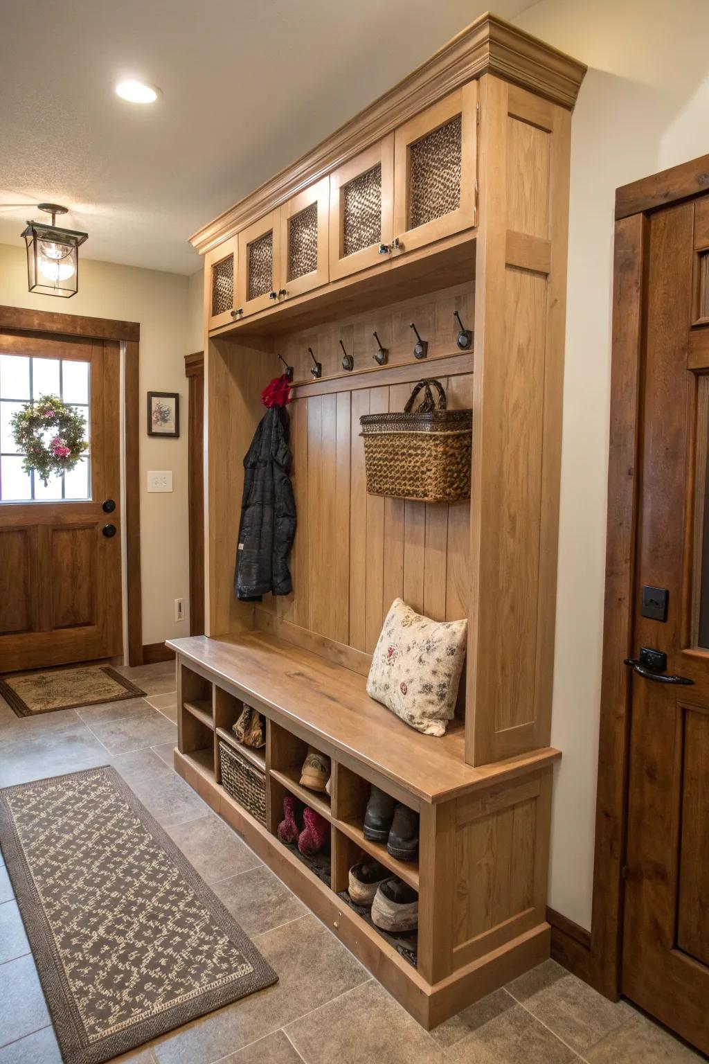 A practical bench with storage gives you a place to sit and helps you stay organized.