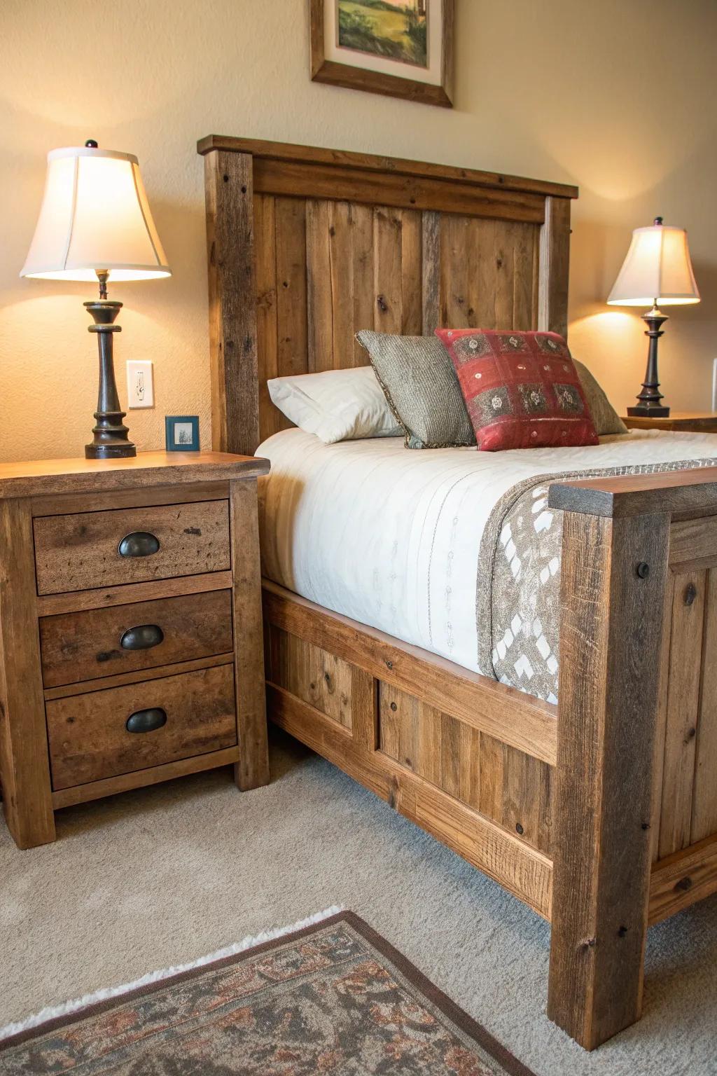 A countryside timber bed structure paired with matching timber bedside tables.