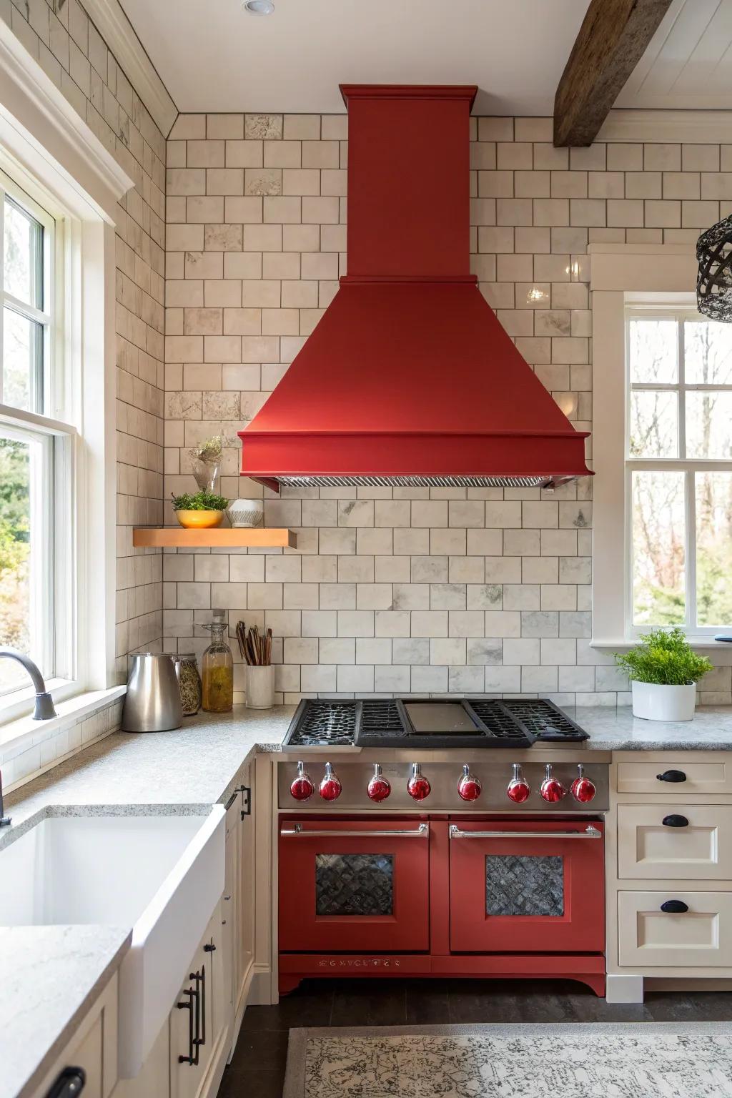 A kitchen showcasing a brightly colored vent hood contrasted with a neutral tile splash guard.