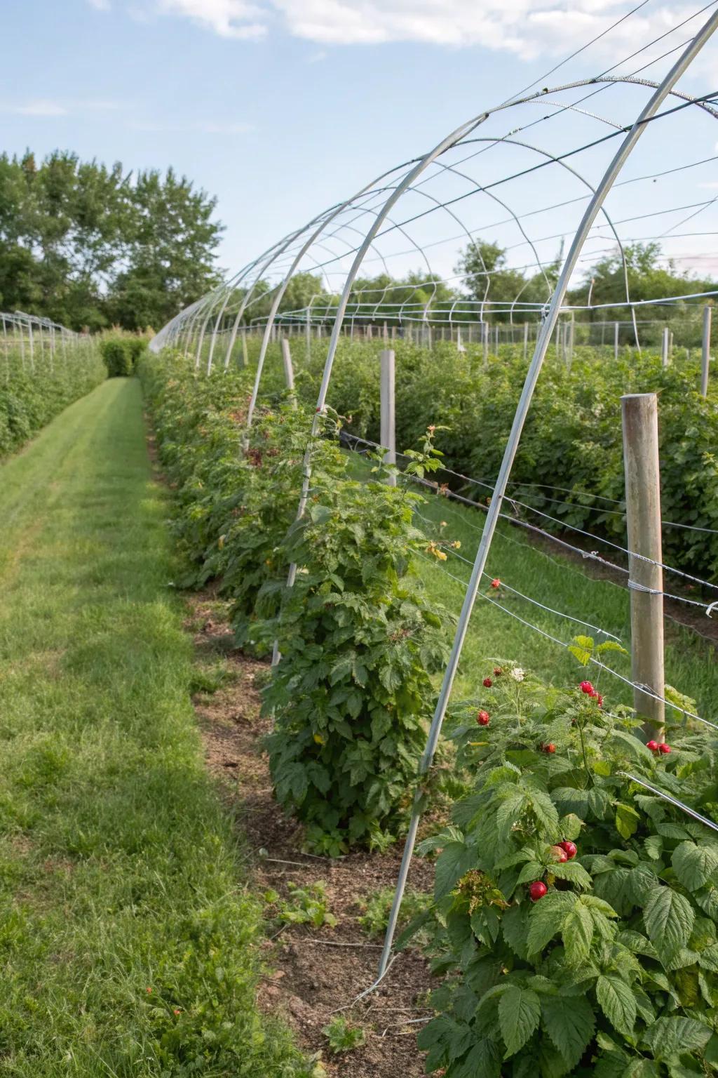 Treated metal supports keep raspberry stalks neatly organized.