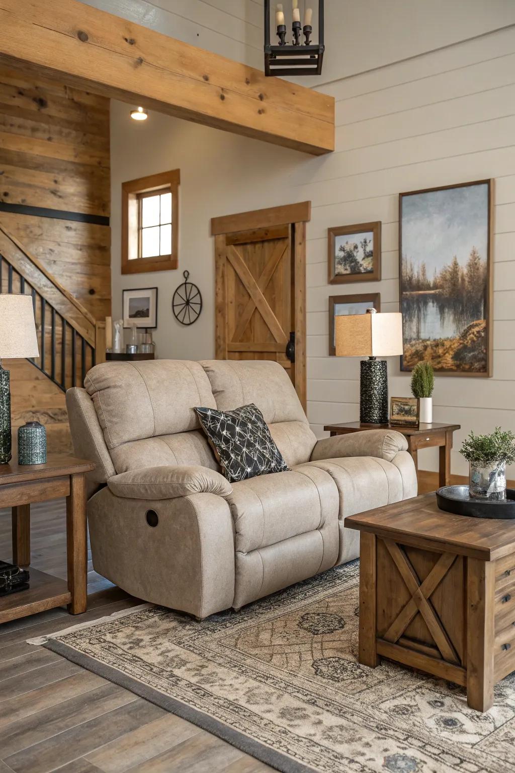 A balanced fusion of modern and rustic components encircling a reclining sofa.