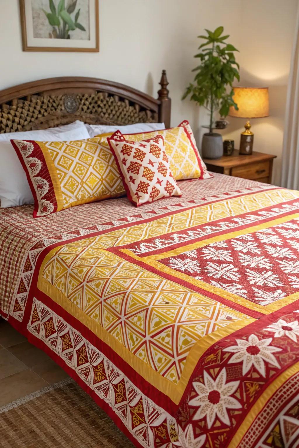 Patterned bedding in red and yellow delivers a playful and spirited sense to this bedroom.