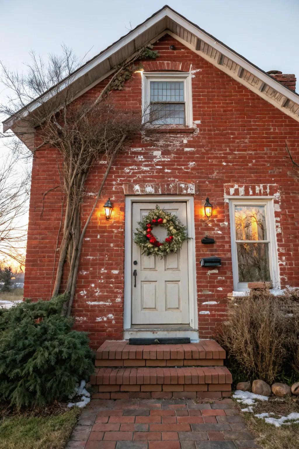 A seasonal wreath adds a welcoming touch to a red brick front porch.
