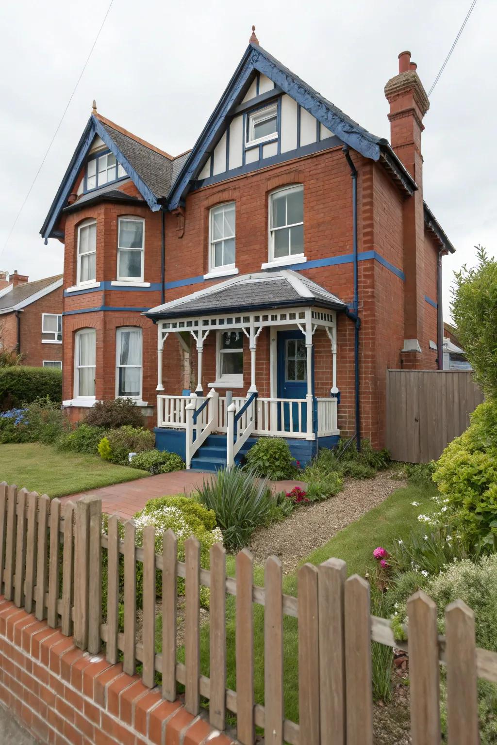 Deep blue trim enriches and charms red brick houses with its nautical allure.
