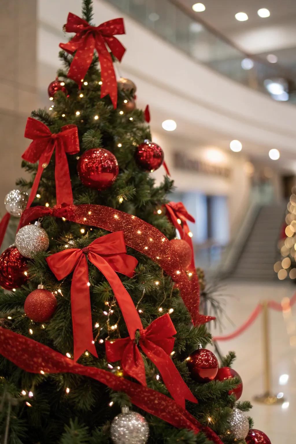 Crimson straps and knots bring a captivating element to the tree.